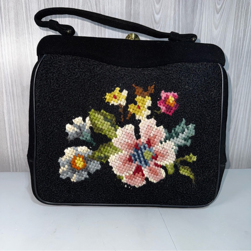 Vintage Soure Newโ York Black Colourful Floral Large Needlepoint Top Handle Bag